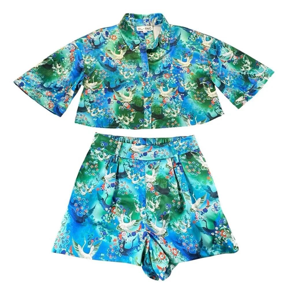 Misa Hylton For INC Macy's Silky High-Rise Pleated Shorts Cropped Top Shirt Set